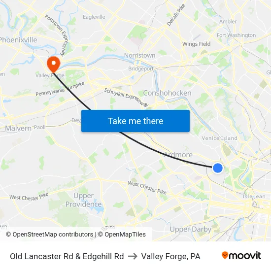 Old Lancaster Rd & Edgehill Rd to Valley Forge, PA map