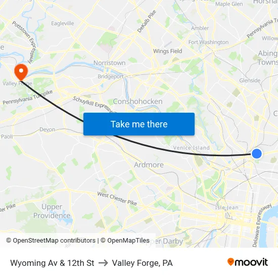 Wyoming Av & 12th St to Valley Forge, PA map