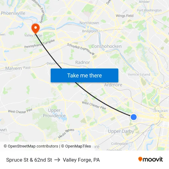 Spruce St & 62nd St to Valley Forge, PA map