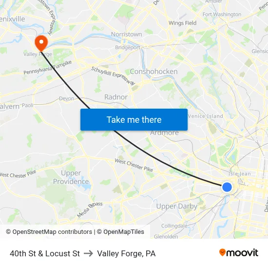40th St & Locust St to Valley Forge, PA map