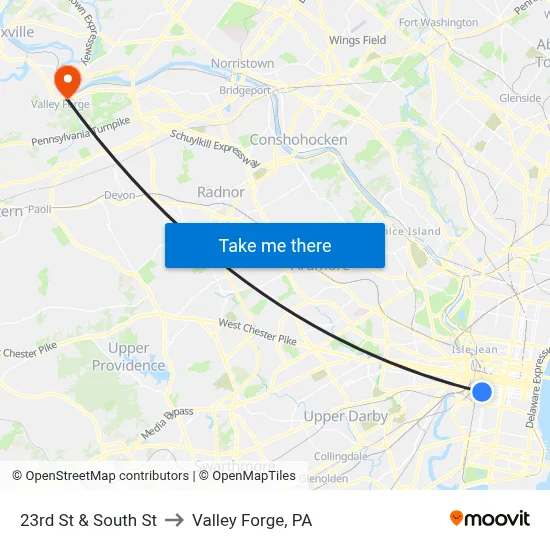 23rd St & South St to Valley Forge, PA map