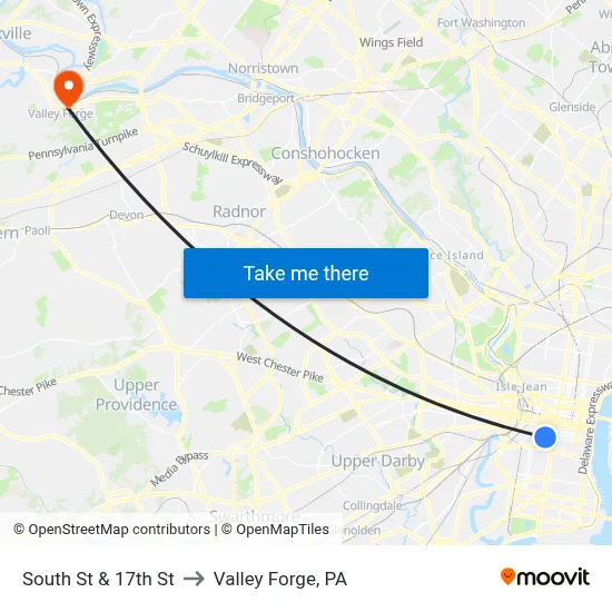 South St & 17th St to Valley Forge, PA map