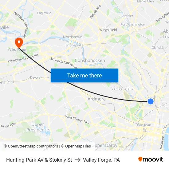Hunting Park Av & Stokely St to Valley Forge, PA map