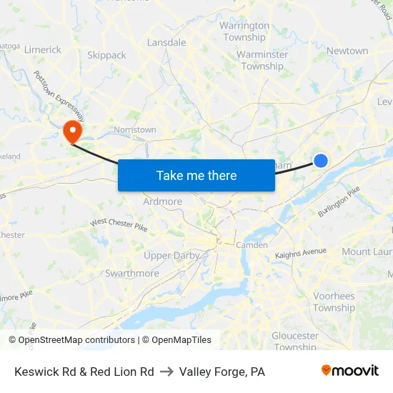 Keswick Rd & Red Lion Rd to Valley Forge, PA map