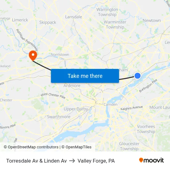 Torresdale Av & Linden Av to Valley Forge, PA map