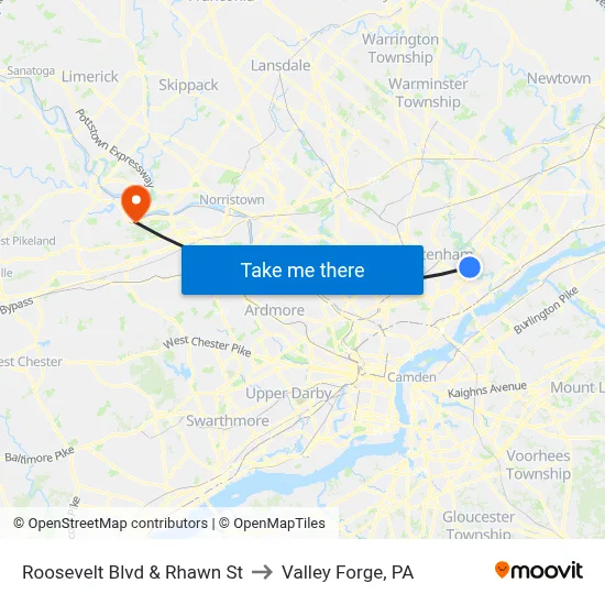 Roosevelt Blvd & Rhawn St to Valley Forge, PA map