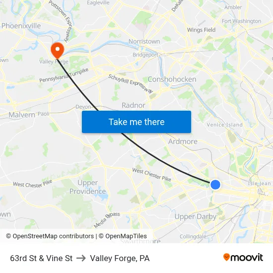 63rd St & Vine St to Valley Forge, PA map