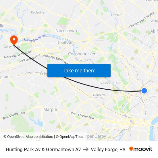 Hunting Park Av & Germantown Av to Valley Forge, PA map