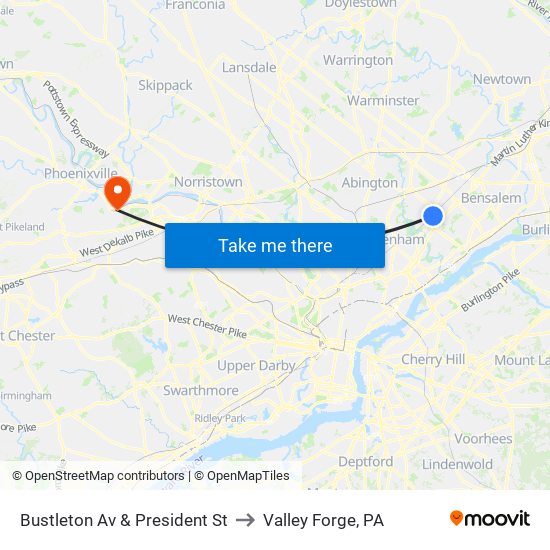 Bustleton Av & President St to Valley Forge, PA map