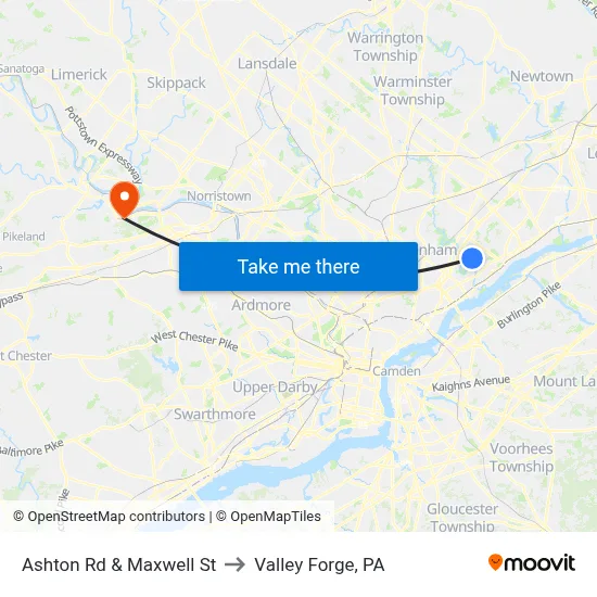 Ashton Rd & Maxwell St to Valley Forge, PA map