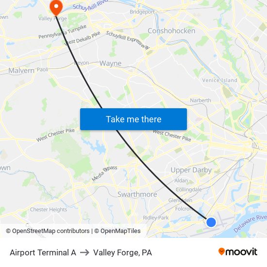 Airport Terminal A to Valley Forge, PA map