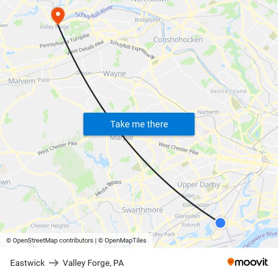 Eastwick to Valley Forge, PA map