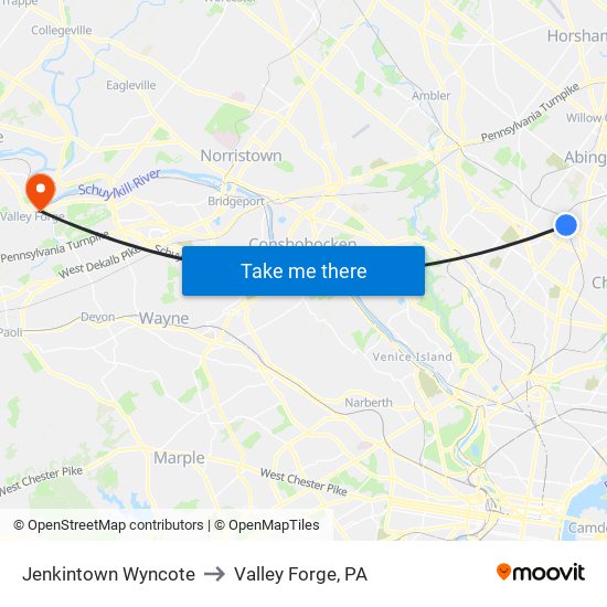 Jenkintown Wyncote to Valley Forge, PA map