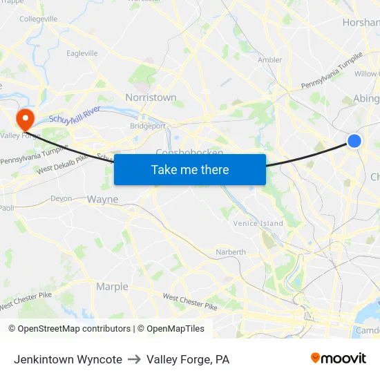 Jenkintown Wyncote to Valley Forge, PA map