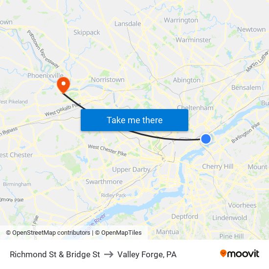 Richmond St & Bridge St to Valley Forge, PA map