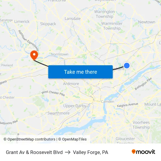 Grant Av & Roosevelt Blvd to Valley Forge, PA map