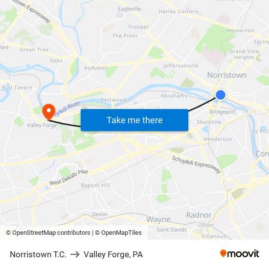 Norristown T.C. to Valley Forge, PA map