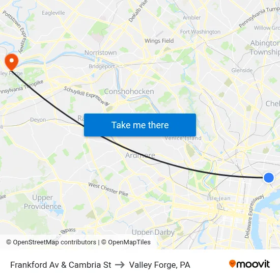 Frankford Av & Cambria St to Valley Forge, PA map