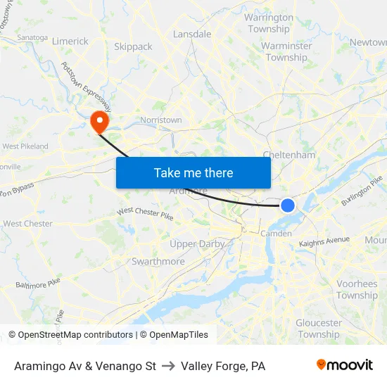 Aramingo Av & Venango St to Valley Forge, PA map