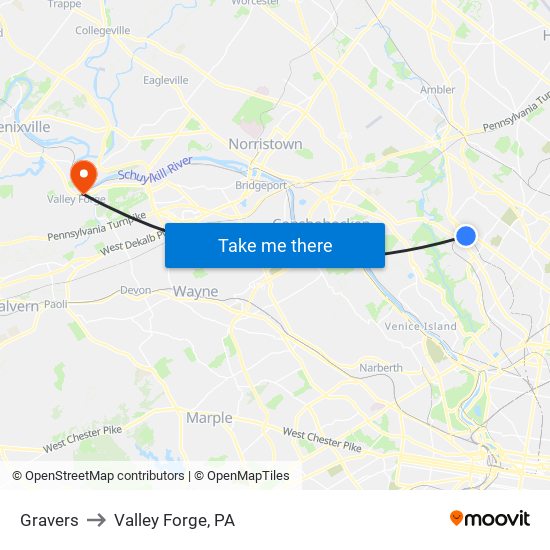 Gravers to Valley Forge, PA map