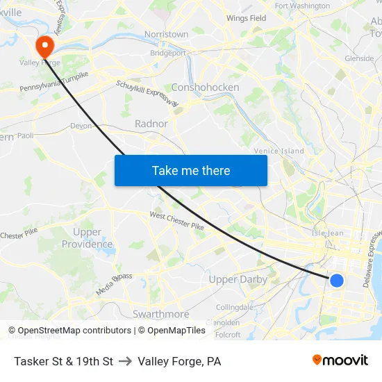 Tasker St & 19th St to Valley Forge, PA map