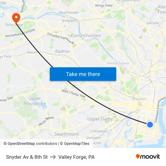 Snyder Av & 8th St to Valley Forge, PA map