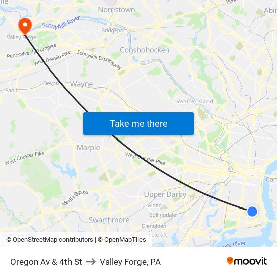 Oregon Av & 4th St to Valley Forge, PA map