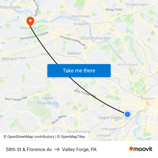 58th St & Florence Av to Valley Forge, PA map