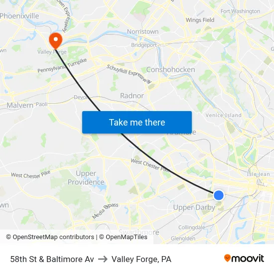 58th St & Baltimore Av to Valley Forge, PA map