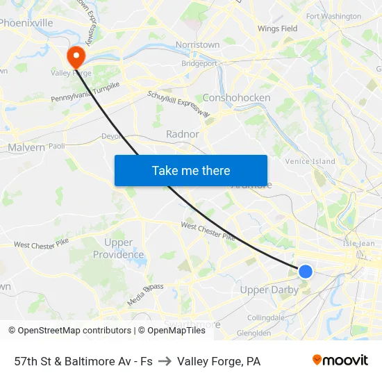 57th St & Baltimore Av - Fs to Valley Forge, PA map