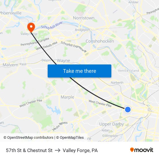 57th St & Chestnut St to Valley Forge, PA map