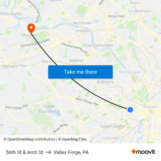 56th St & Arch St to Valley Forge, PA map