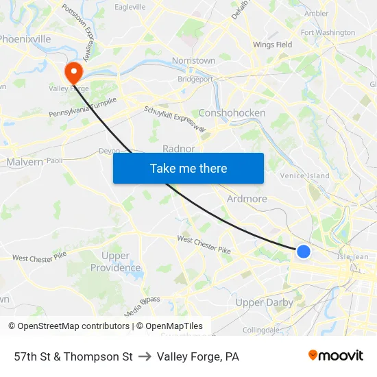 57th St & Thompson St to Valley Forge, PA map
