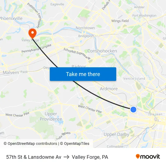 57th St & Lansdowne Av to Valley Forge, PA map