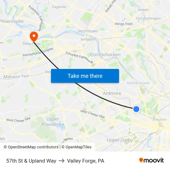 57th St & Upland Way to Valley Forge, PA map