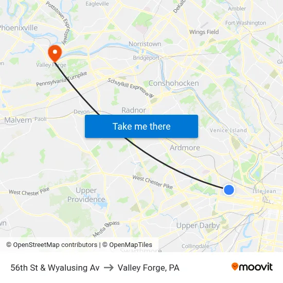 56th St & Wyalusing Av to Valley Forge, PA map