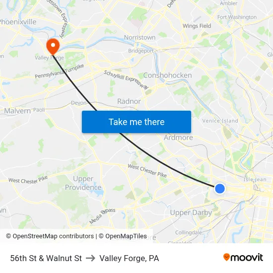 56th St & Walnut St to Valley Forge, PA map