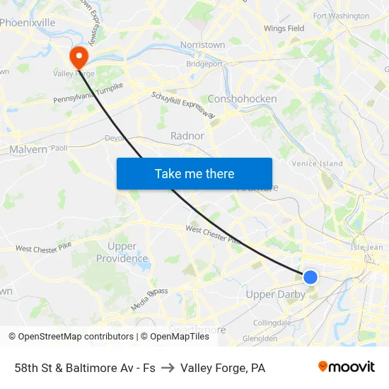 58th St & Baltimore Av - Fs to Valley Forge, PA map