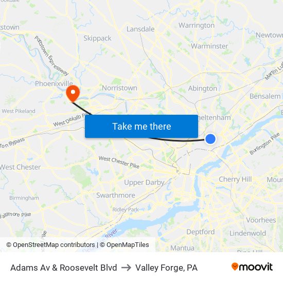 Adams Av & Roosevelt Blvd to Valley Forge, PA map