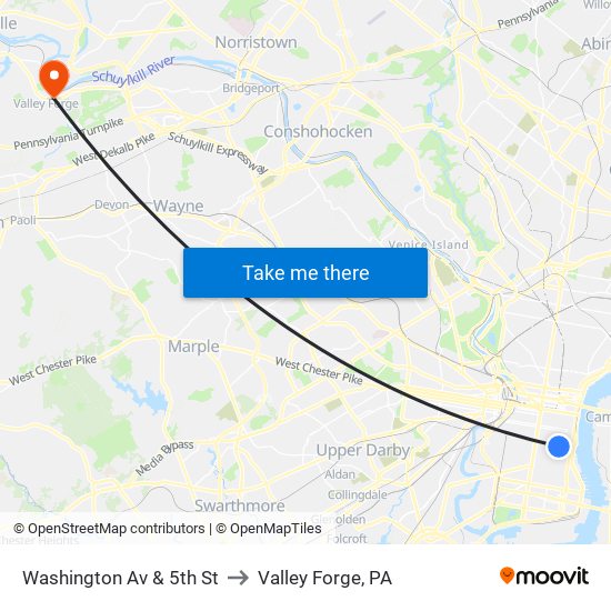 Washington Av & 5th St to Valley Forge, PA map