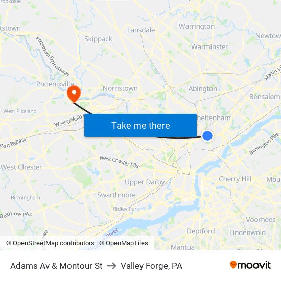 Adams Av & Montour St to Valley Forge, PA map