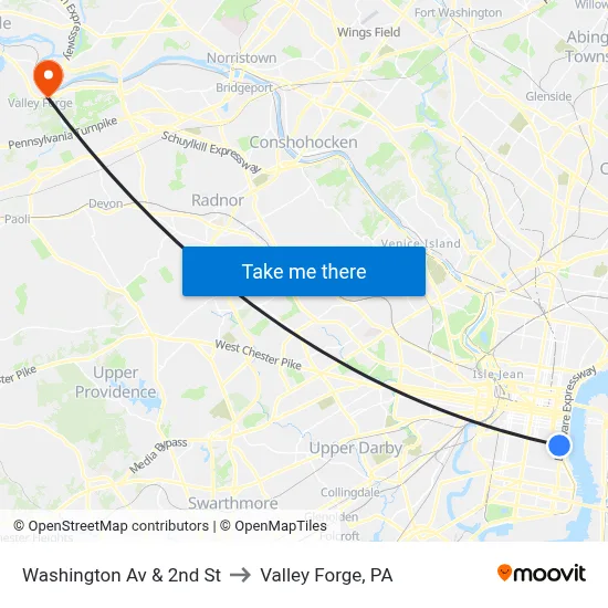 Washington Av & 2nd St to Valley Forge, PA map