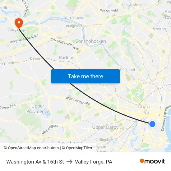 Washington Av & 16th St to Valley Forge, PA map