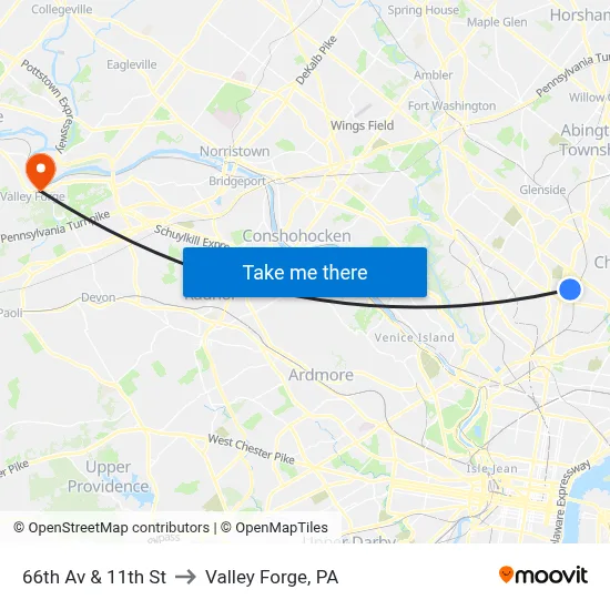 66th Av & 11th St to Valley Forge, PA map