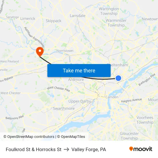 Foulkrod St & Horrocks St to Valley Forge, PA map