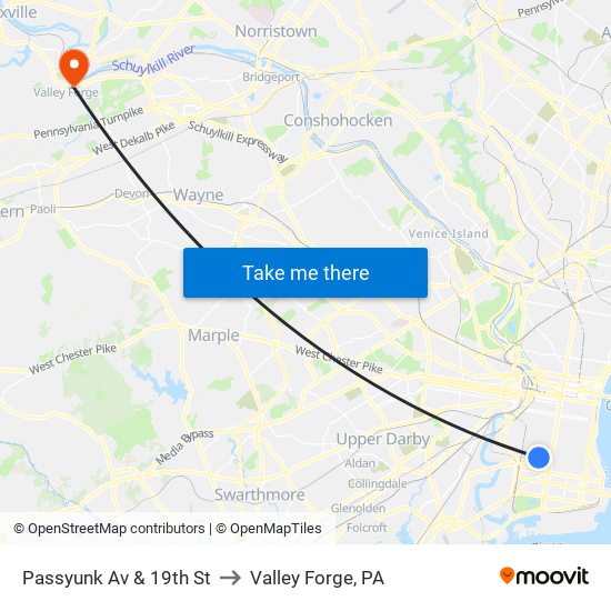 Passyunk Av & 19th St to Valley Forge, PA map