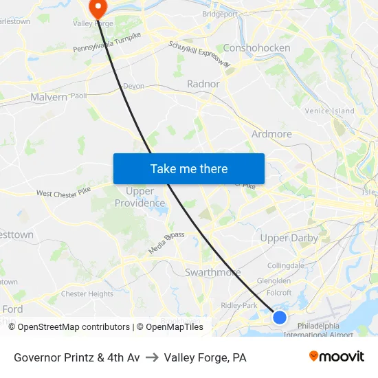 Governor Printz & 4th Av to Valley Forge, PA map