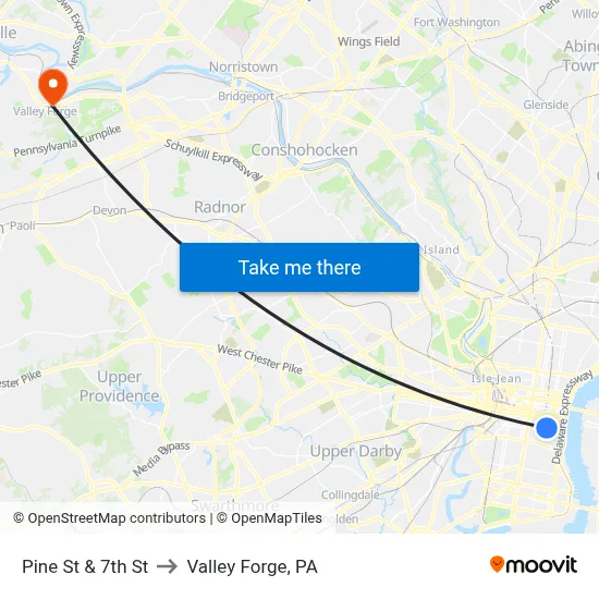 Pine St & 7th St to Valley Forge, PA map