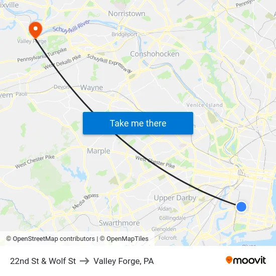 22nd St & Wolf St to Valley Forge, PA map