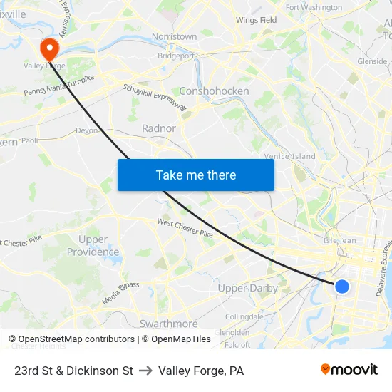 23rd St & Dickinson St to Valley Forge, PA map
